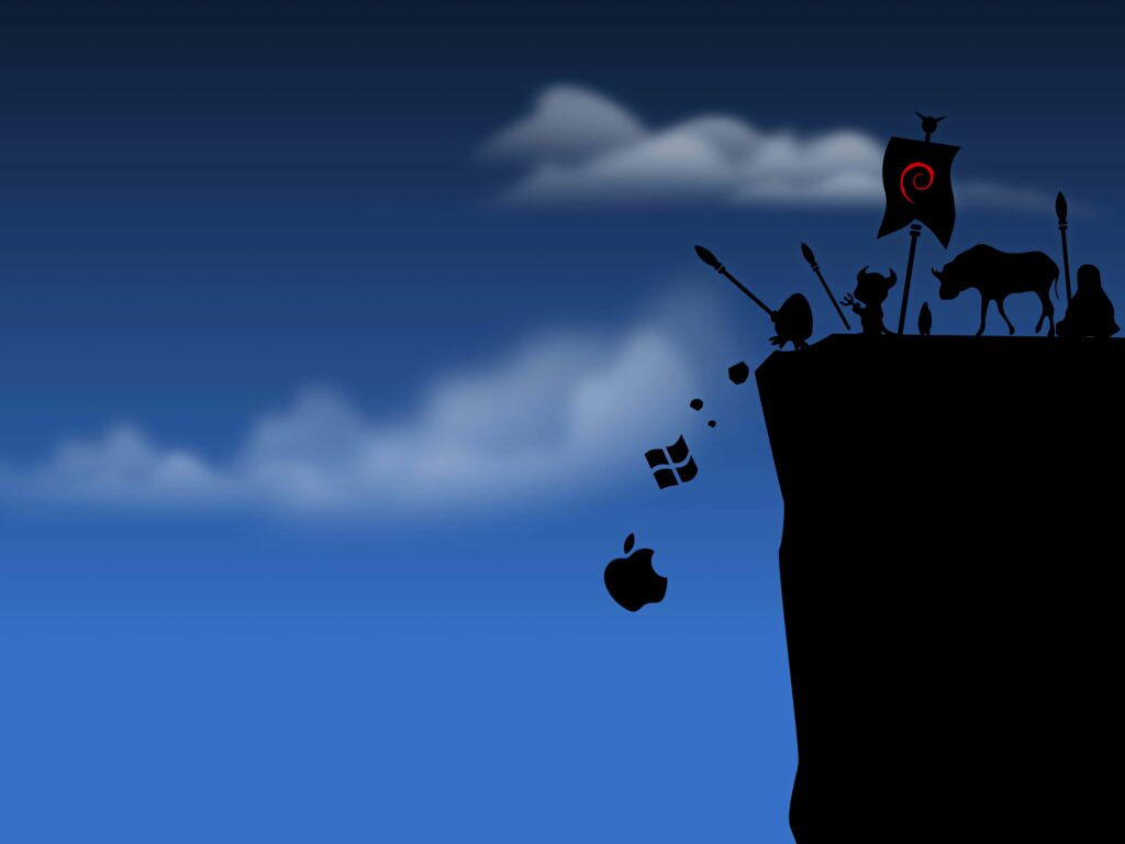 Debian Viking mascot on cliff with flag against blue sky pushing Windows Apple logos off edge Wallpaper