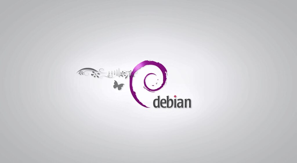 Debian wallpaper gray gradient with magenta swirl logo decorative flourishes and butterfly