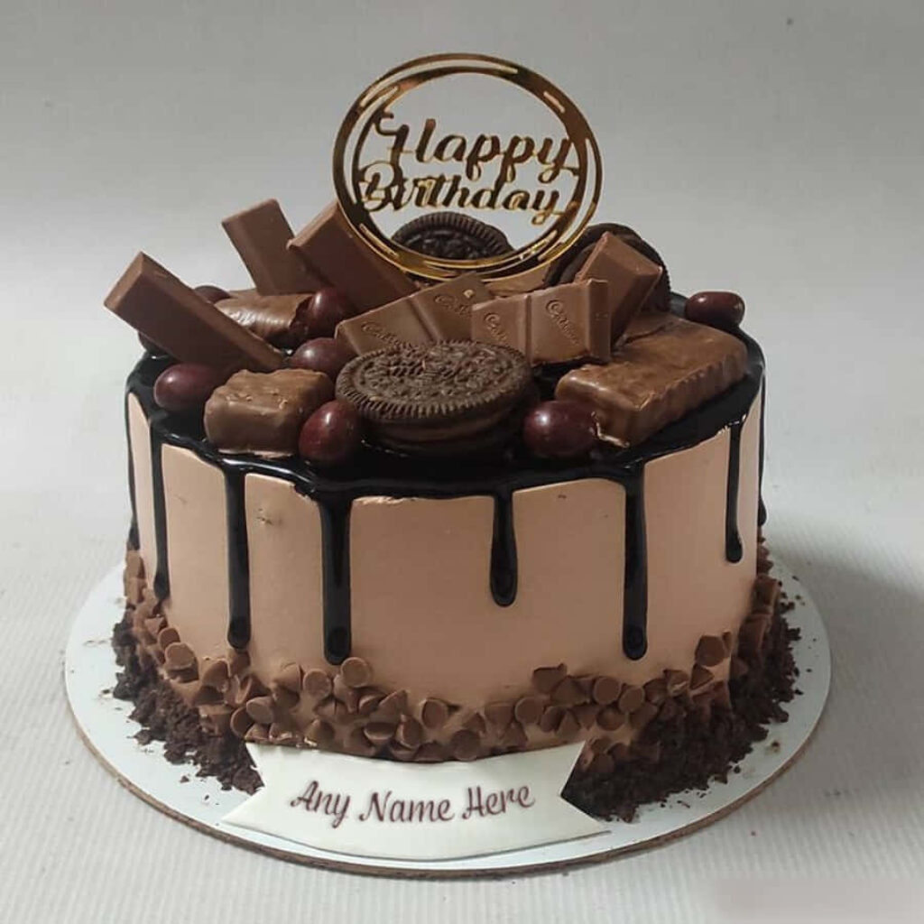 Decadent Chocolate Birthday Cake with Custom Name & Tasty Treats Wallpaper