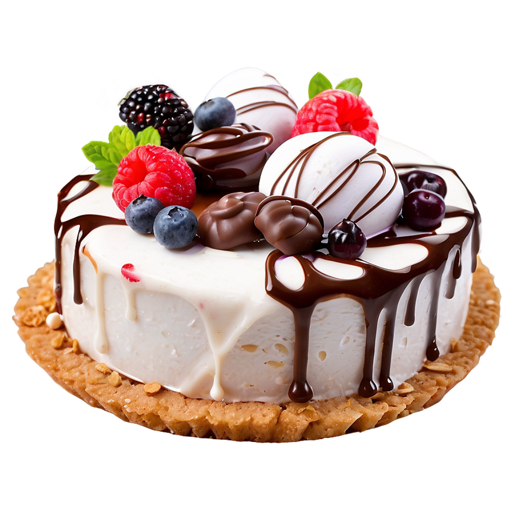 Decadent Dessert Wallpaper: Creamy Cake with Berries & Chocolate Drizzle