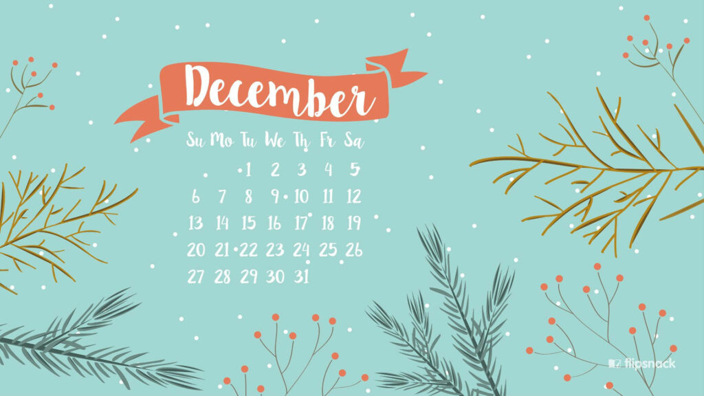 December blue calendar wallpaper with winter foliage pine branches red berries and falling snowflakes