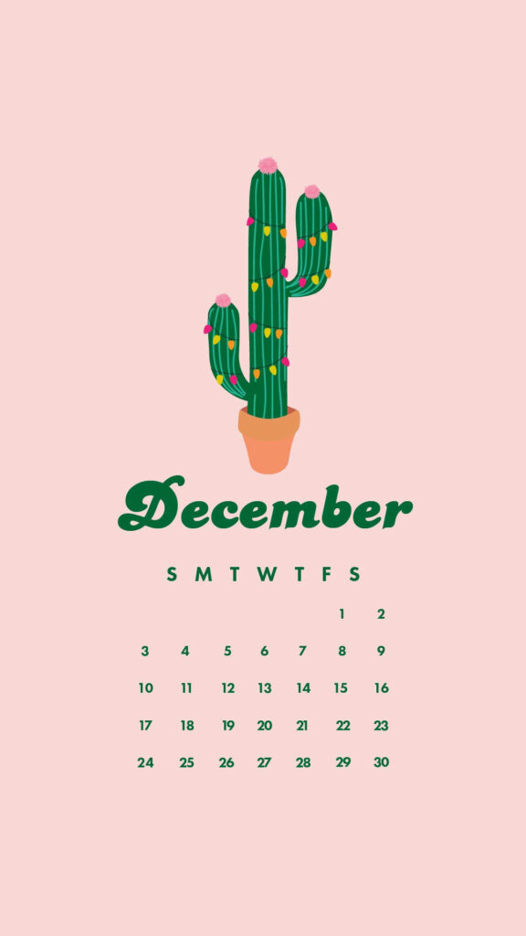 December cactus calendar wallpaper with festive lights pink flowers pastel pink background