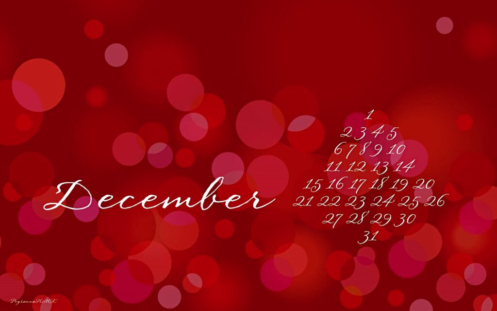 December calendar wallpaper sparkling red bokeh background with glowing circles and elegant white script