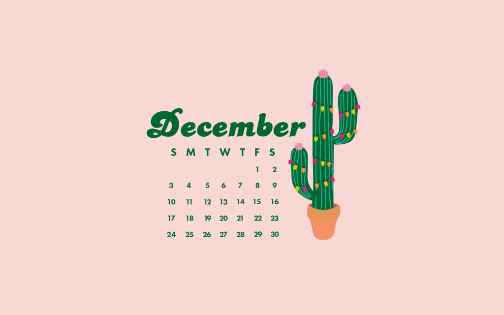 December calendar wallpaper with green cactus in terracotta pot and festive pink yellow lights