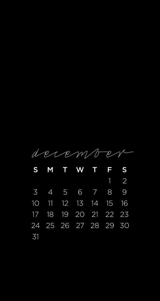December minimalist black calendar wallpaper with white script grid lines for organized style