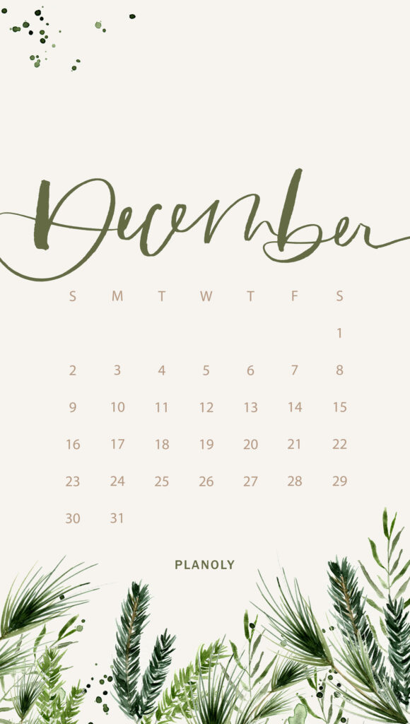 Minimalist December calendar wallpaper with hand-lettered typography and soft green botanicals