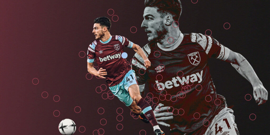 Declan Rice West Ham United action collage wallpaper with dynamic motion lines and club colors
