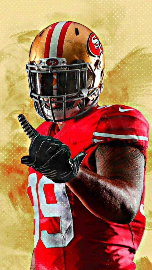 Deebo Samuel 49ers vibrant wallpaper red uniform gold helmet intense football player background