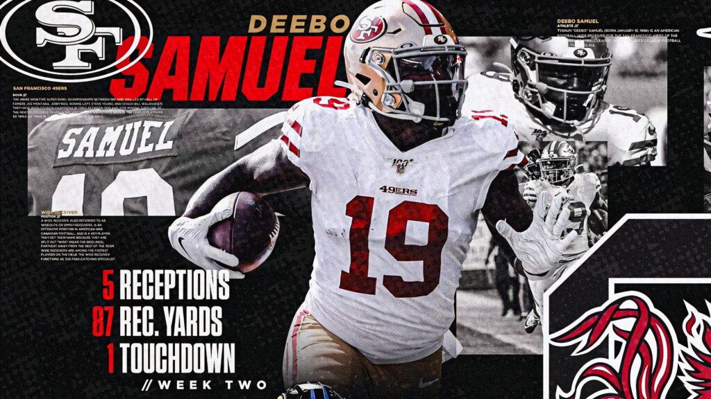Deebo Samuel Sr San Francisco 49ers dynamic wallpaper with stats infographic and football graphics