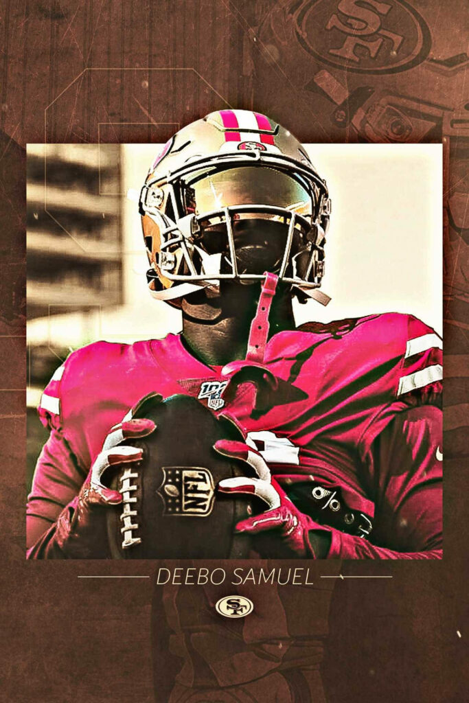 Deebo Samuel Sr in San Francisco 49ers uniform holding football dynamic red gold wallpaper