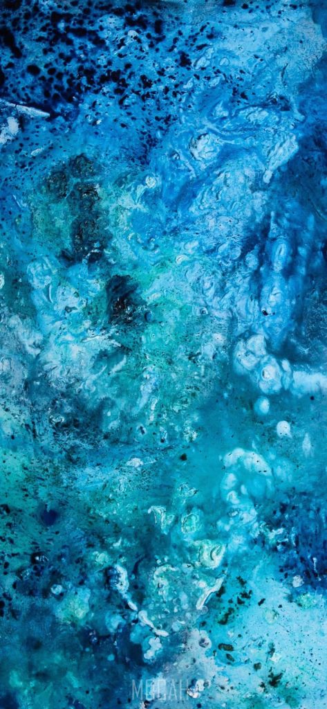 Abstract blue iPhone wallpaper with navy cyan white fluid textures evoking ocean waves and calm