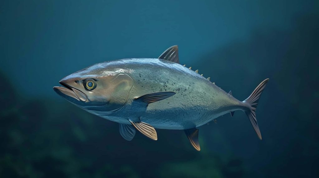 3D digital art of sleek marine predator with metallic scales in calm deep blue underwater scene Wallpaper