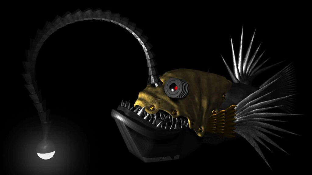Deep sea anglerfish digital wallpaper glowing bioluminescent lure metallic spines black background