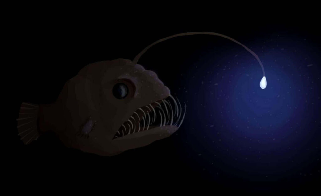 Deep sea anglerfish glowing lure in dark ocean background wallpaper for underwater theme