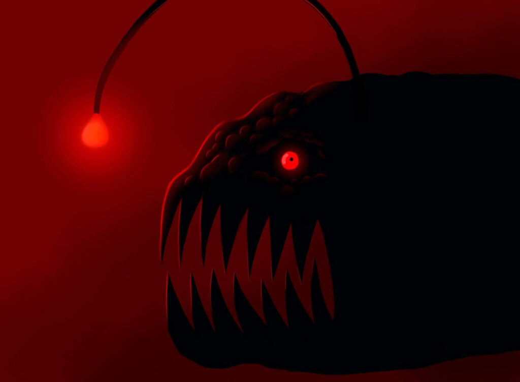 Deep sea anglerfish with glowing lure and sharp teeth on red background eerie underwater wallpaper