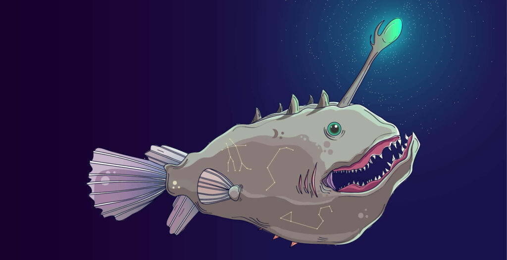 Illustrated anglerfish with glowing lure and sharp teeth in deep sea wallpaper background