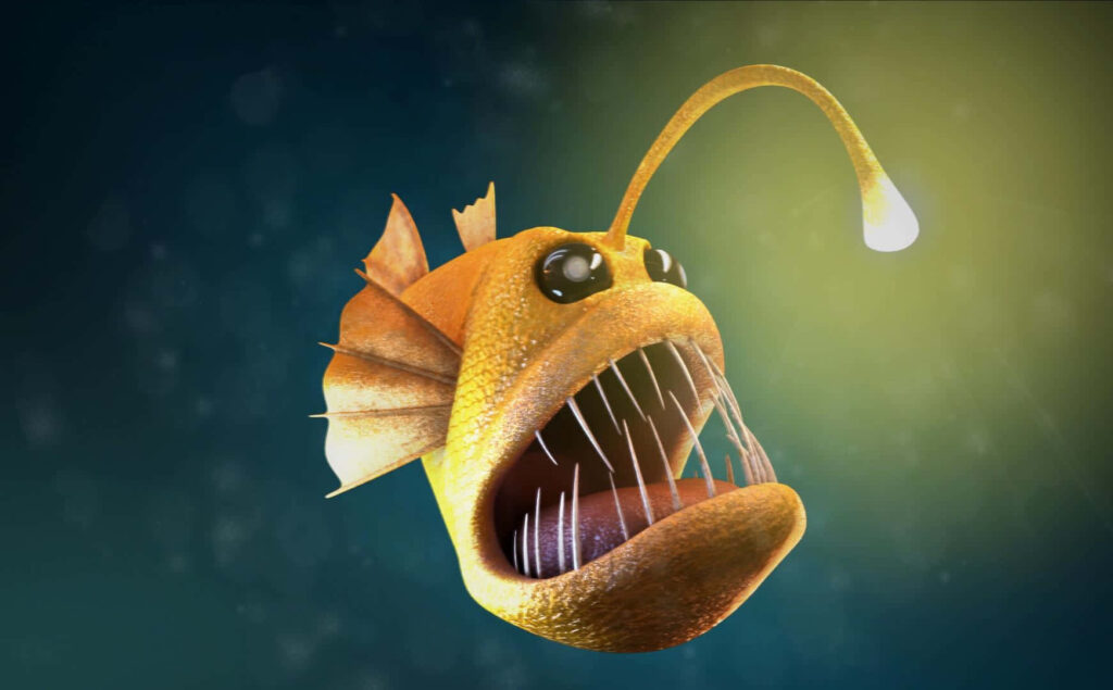Anglerfish deep sea predator with glowing lure sharp teeth and fierce expression underwater Wallpaper