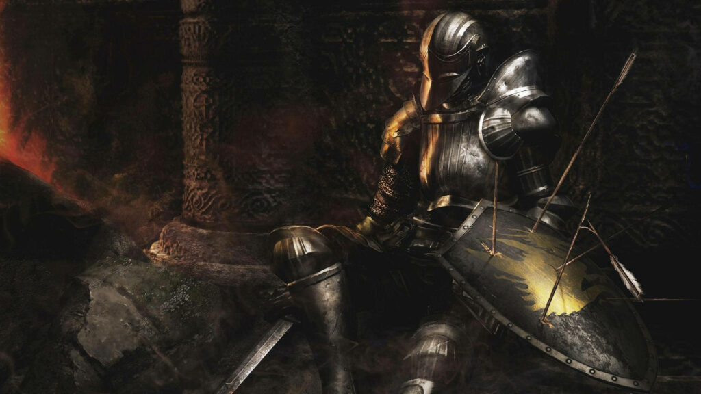 Defeated Mordhau knight in dark gleaming armor clutching damaged shield and sword digital art Wallpaper