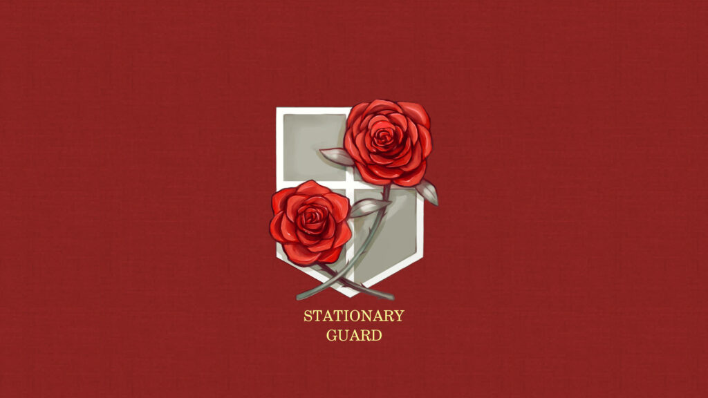 Roses of Steel: A Striking Depiction of Attack On Titan's Garrison Regiment Emblem on Maroon Background Wallpaper