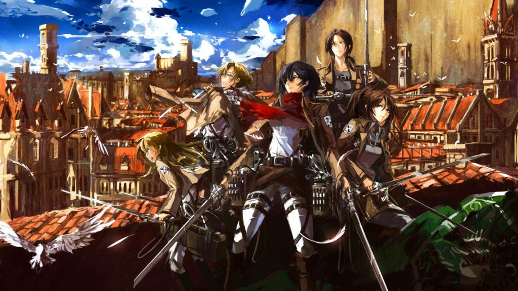 Attack on Titan 4K wallpaper with Mikasa Ymir Historia Sasha on Survey Corps above Shiganshina