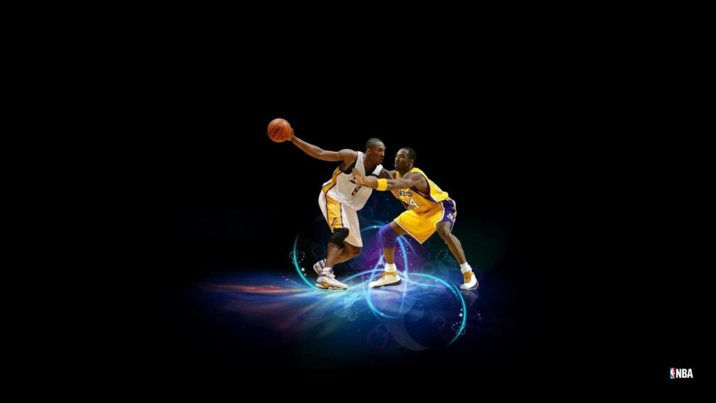 Neon-Lit Battle: Captivating NBA Star Protecting the Ball Amidst a Dazzling Court Wallpaper