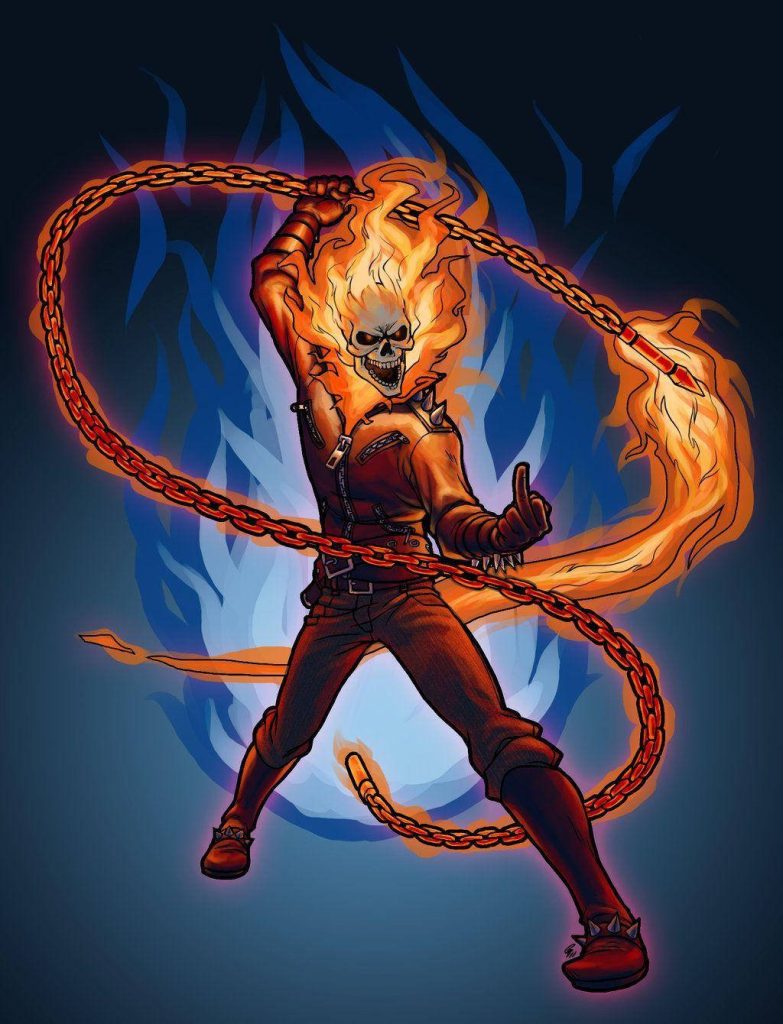 Bold Ghost Rider-style character with flaming skull and fiery chain in blue flame background Wallpaper