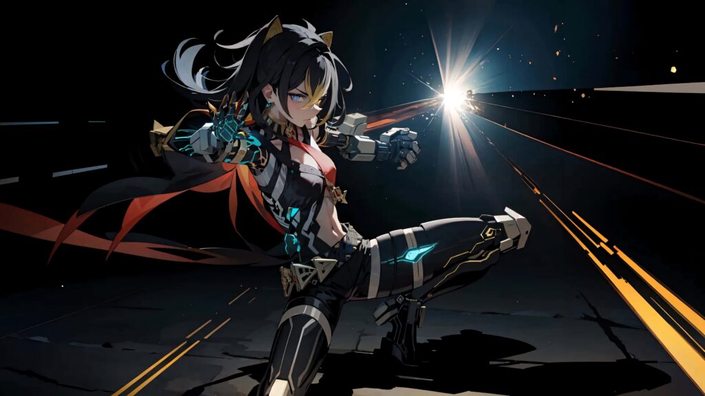 Dehya Genshin Impact fierce warrior dynamic wallpaper intense focus futuristic battle pose