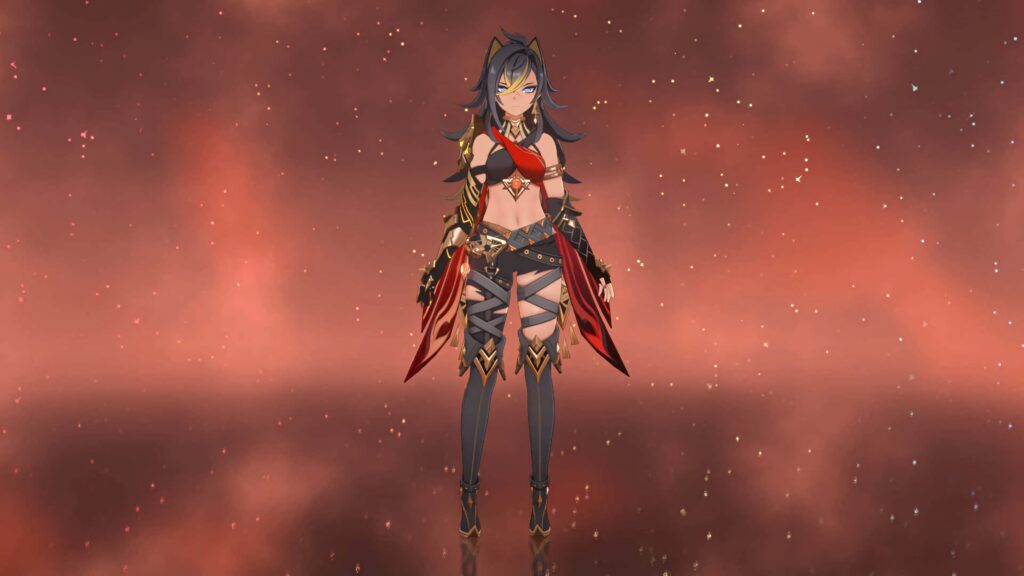 Dehya Genshin Impact warrior with twin blades fiery armor vibrant red sky glowing embers wallpaper