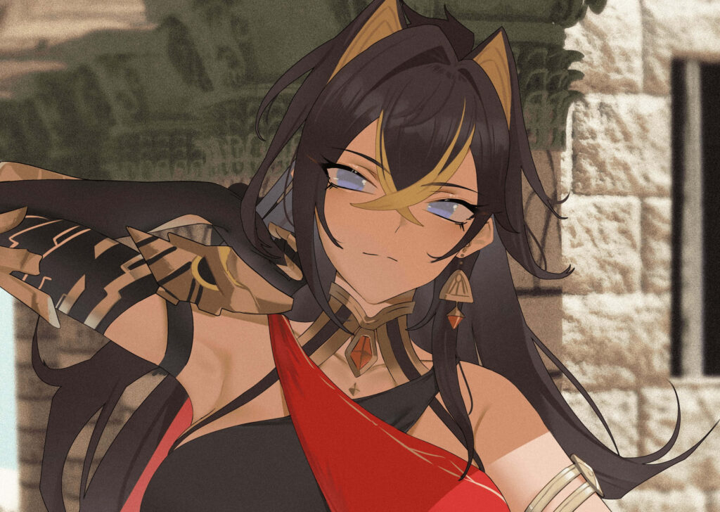 Dehya from Genshin Impact anime wallpaper confident smirk golden accessories earthy tones