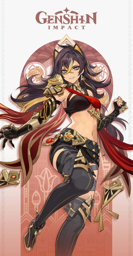 Dehya Genshin Impact wallpaper showing fiery confidence bold armor red gold tones Desert Lioness
