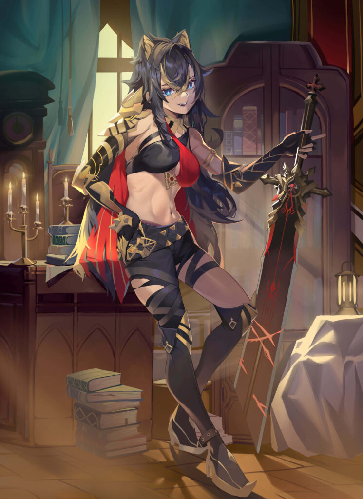 Dehya from Genshin Impact stands in grand library with sword warm sunlight ancient books wallpaper