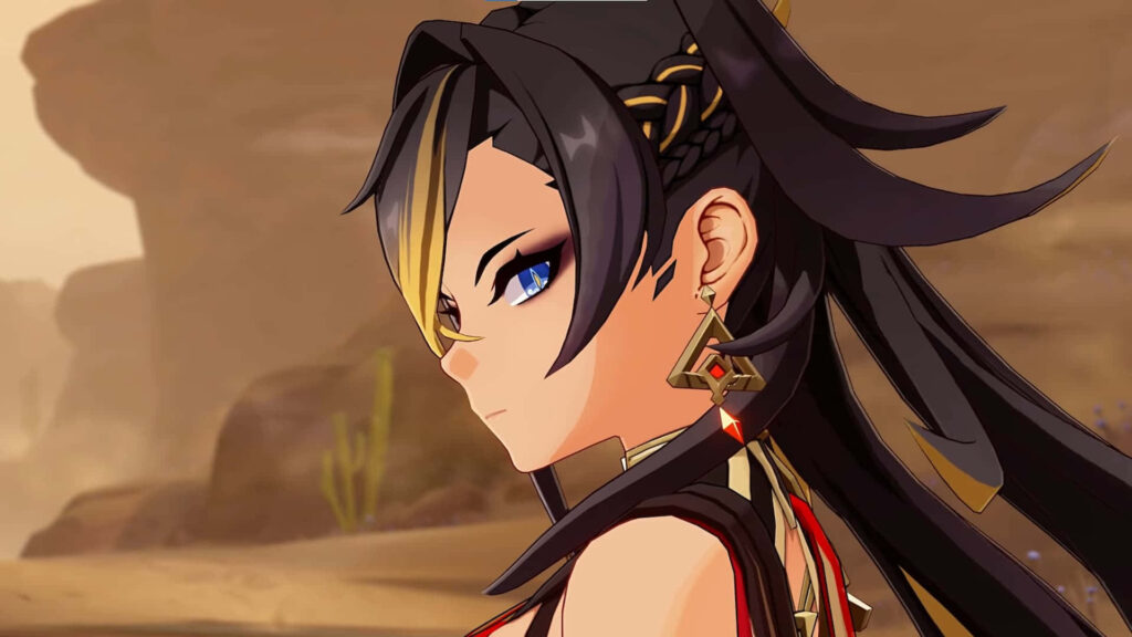 Dehya Genshin Impact wallpaper desert background fierce blue eyes gold hair warrior pose