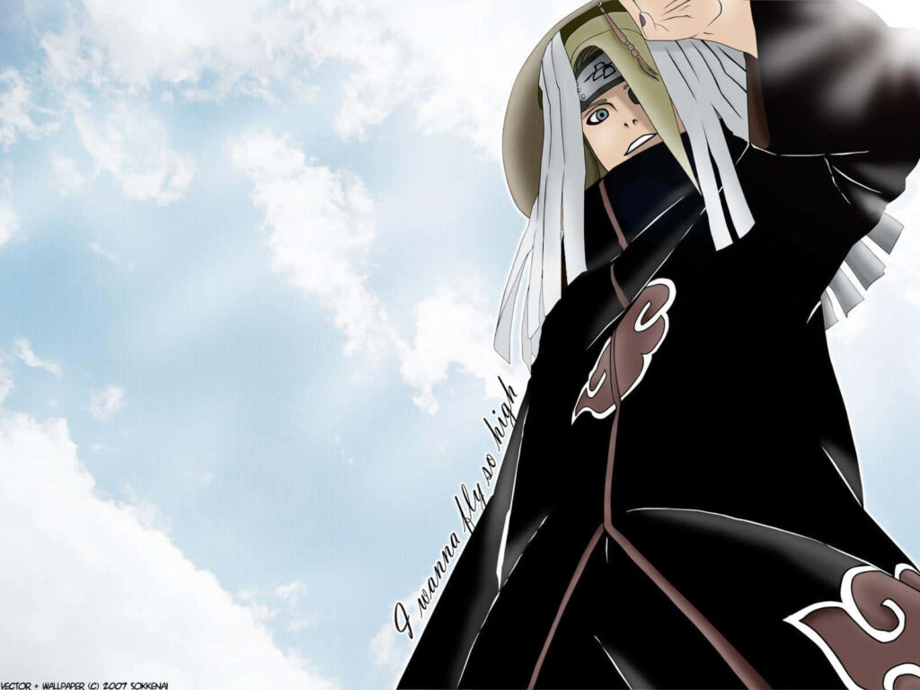 Deidara serious expression looking down Akatsuki cloak clear blue sky anime wallpaper background