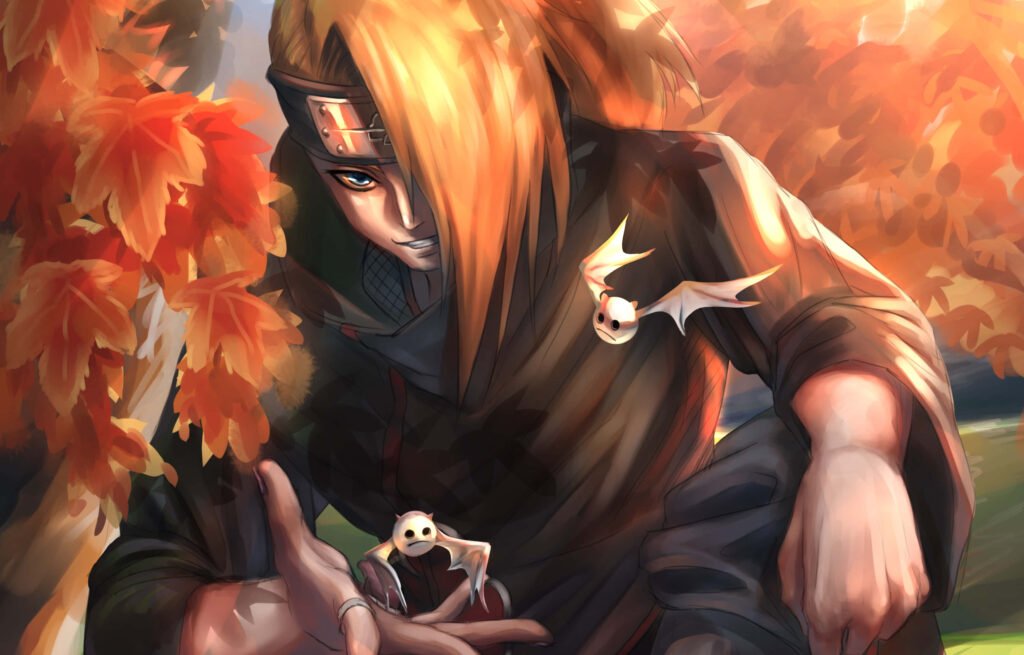 Deidara Naruto digital painting with vibrant autumn leaves and dynamic soft-lit background wallpaper