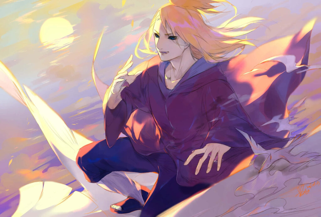 Deidara Naruto wallpaper dynamic pose explosive power warm pastel sunset sky artistic flair