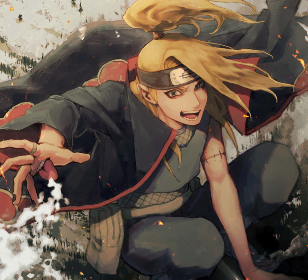 Deidara from Naruto in Akatsuki cloak with golden hair dynamic pose fiery anime wallpaper background