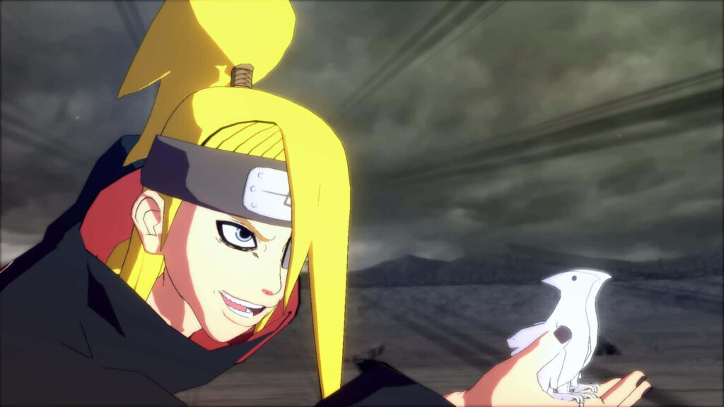 Deidara from Naruto holding white clay bird with stormy sky background anime wallpaper