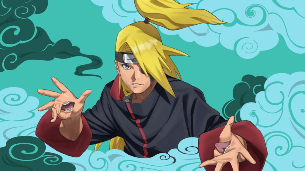 Deidara Naruto anime wallpaper with blond hair swirling turquoise clouds and explosive art style