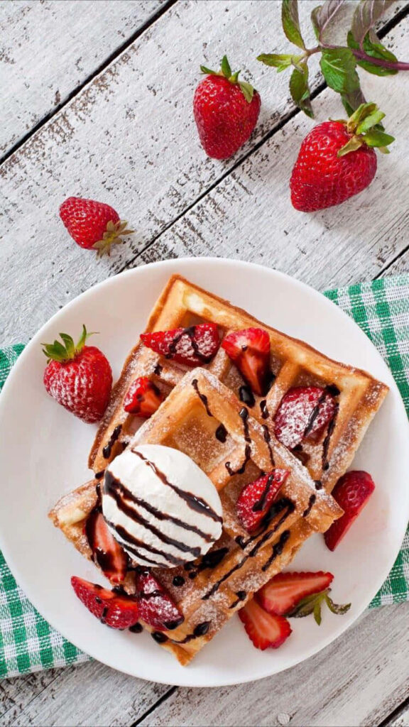 Delicious Belgian Waffles with Strawberries & Ice Cream - Rustic Wallpaper