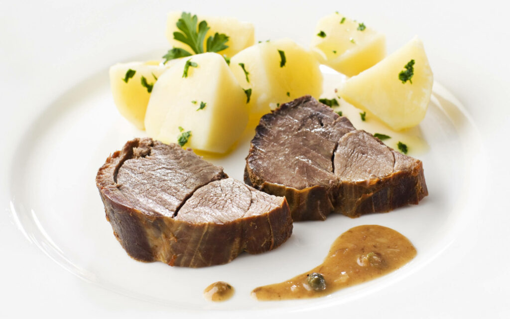 Succulent Braised Rib-Eye & Golden Potatoes Wallpaper Background