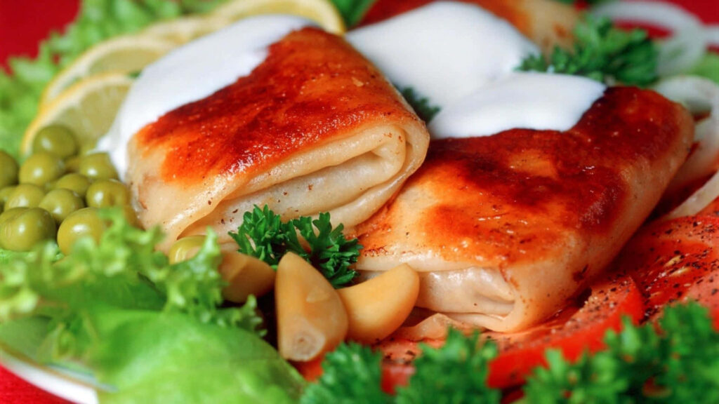 Delectable Seafood Rolls: Vibrant Wallpaper with Fresh Veggies