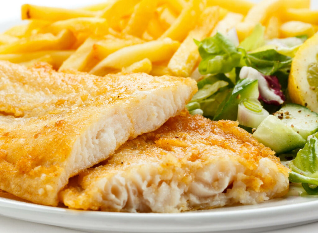 Delicious Golden Fish Fillets with Fries & Salad | Wallpaper Background