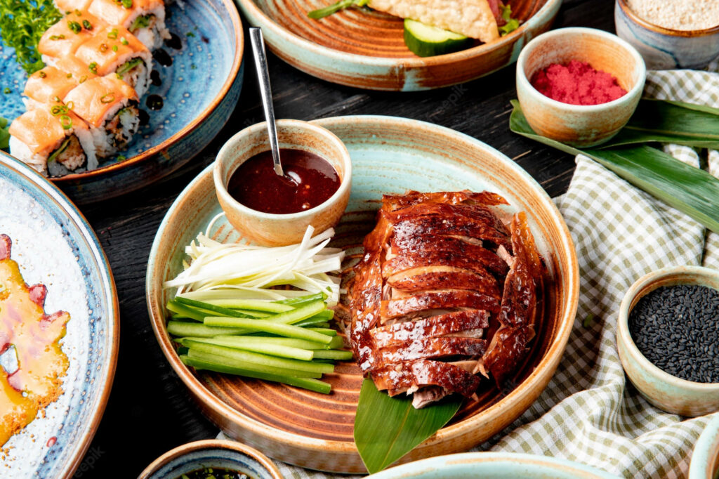 Roasted Peking Duck Wallpaper: Delectable Dish with Onions & Cucumber