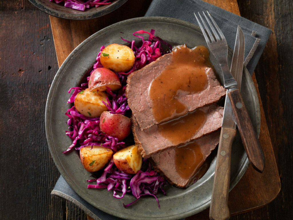Sauerbraten with Roasted Potatoes & Red Cabbage – Hearty Meal Wallpaper