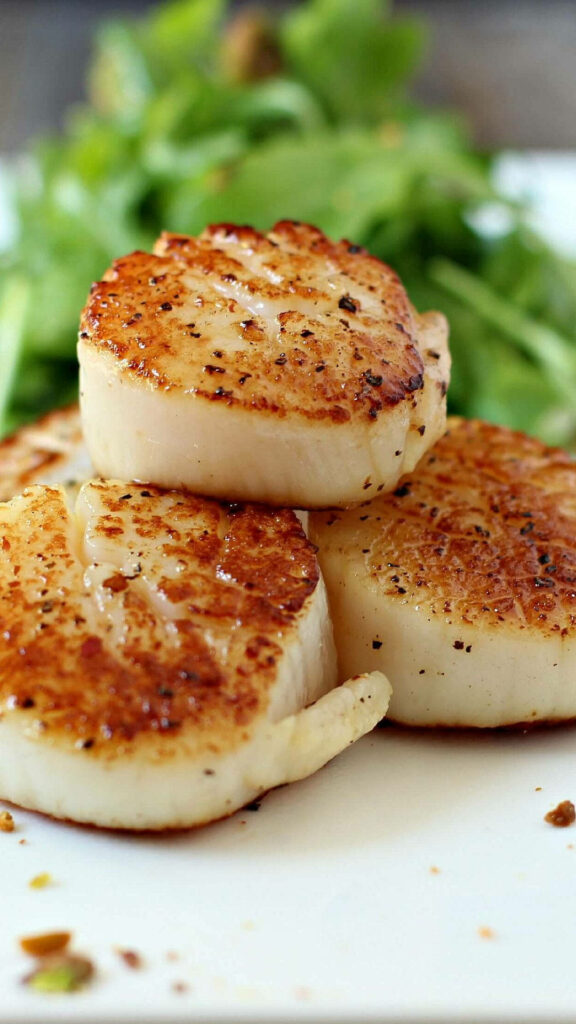 Delectable Scallops Wallpaper: Golden-Brown & Green Lettuce Beauty