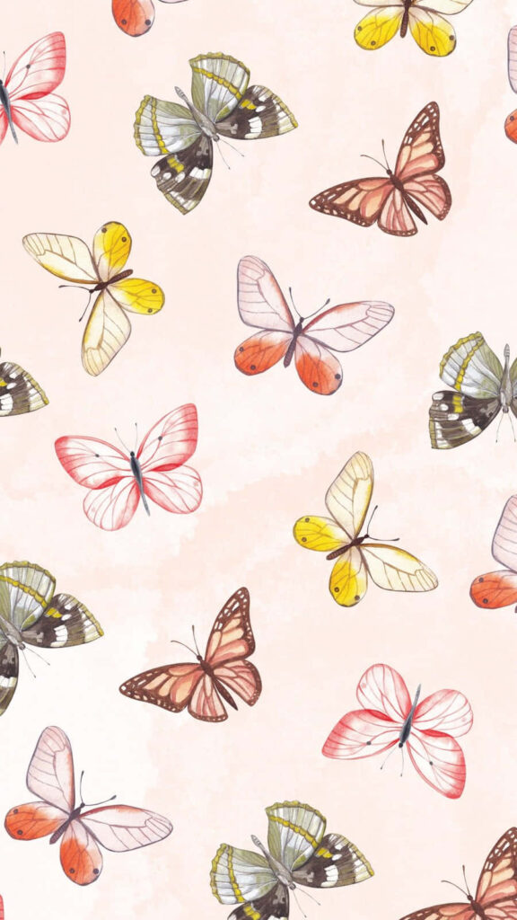 Delicate Beige Wallpaper with Colorful Pastel Butterfly Pattern