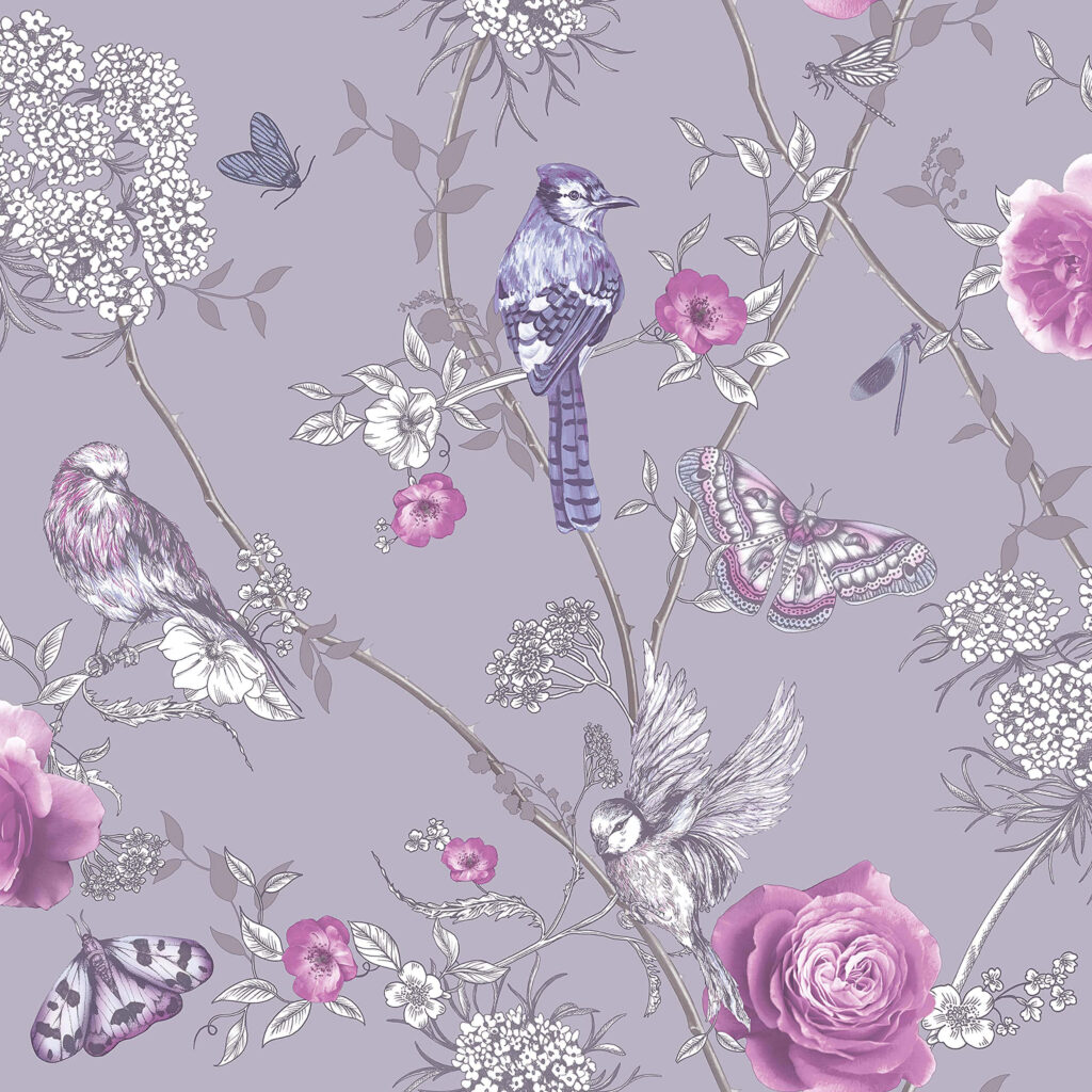 Serene Lilac Floral & Fauna Wallpaper: Dreamy Paradise Garden