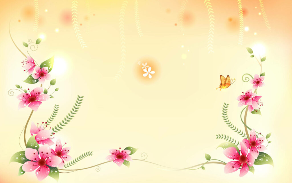 Delicate Floral Wallpaper: Pink Flowers, Vines & Soft Butterfly Design