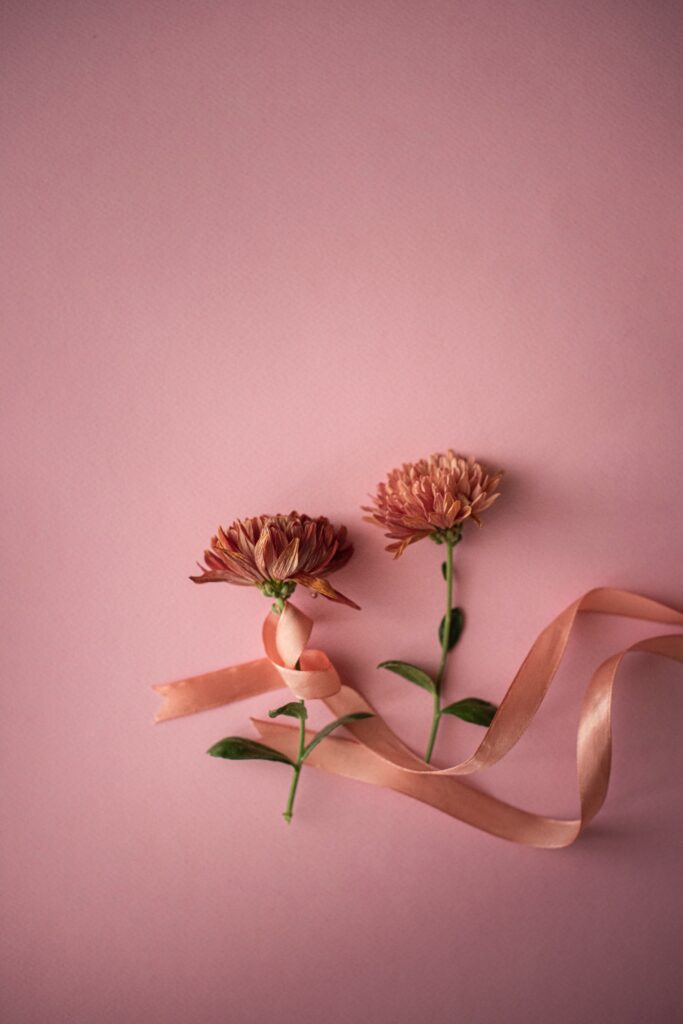 Delicate Flower Wallpaper on Soft Pink Background with Elegant Ribbon