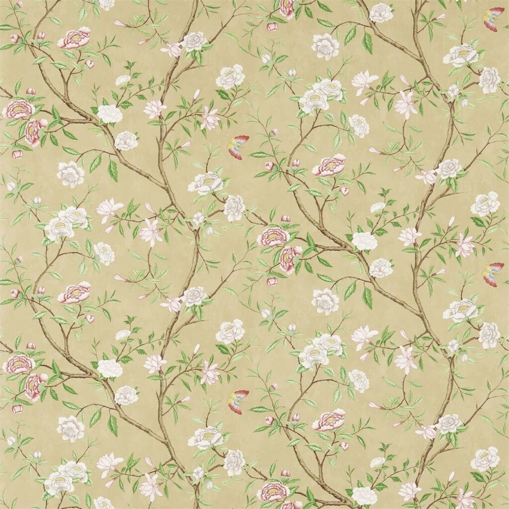 Elegant Floral and Butterfly Wallpaper on Soft Beige Background